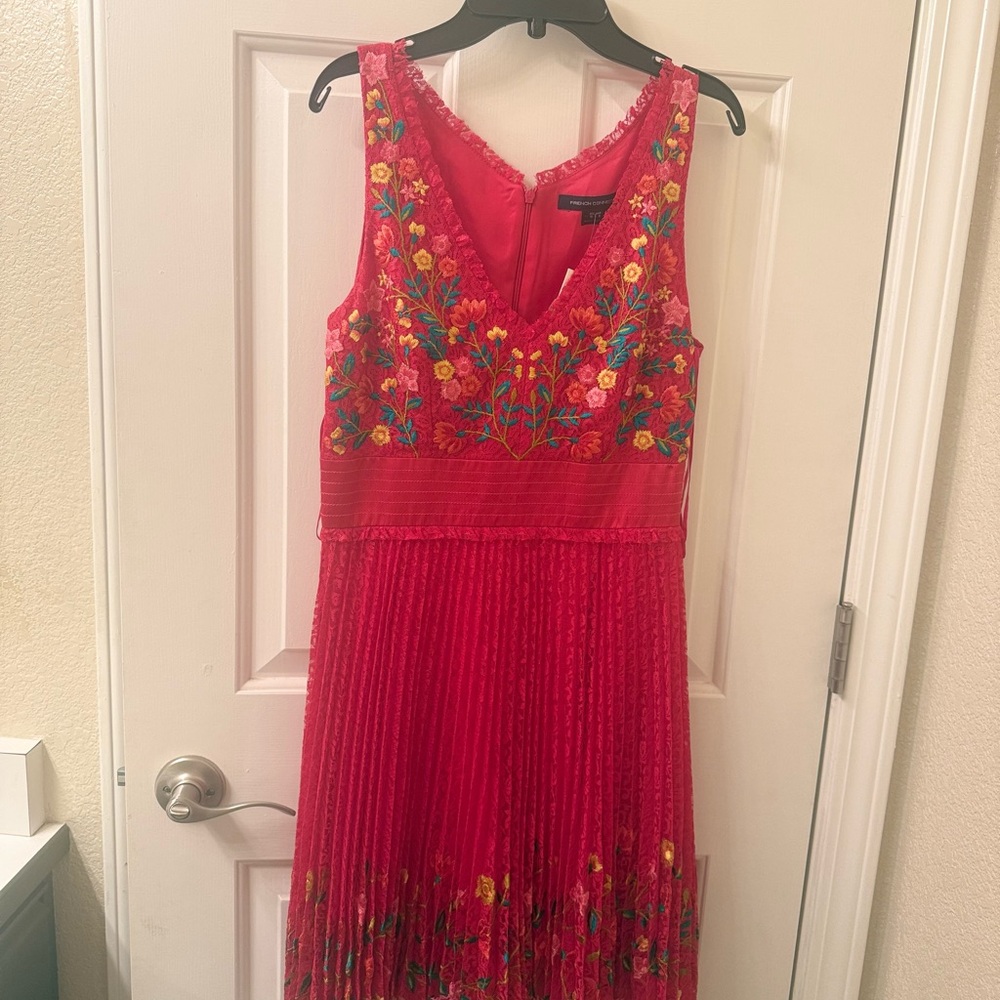 French Connection Red Dress with Floral Embroidery